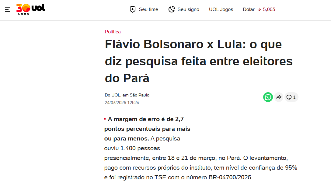 UOL Notícias cita pesquisa realizada pela Paraná Pesquisas no Estado do Pará.