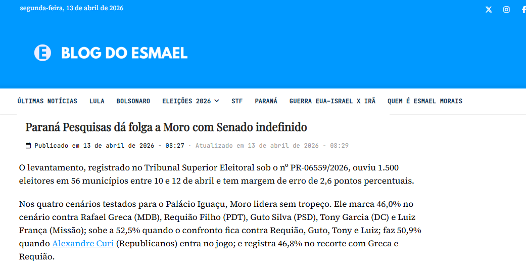 Blog do Esmael cita pesquisa realizada para Paraná Pesquisas no Estado do Paraná. 2 Blog do Esmael cita pesquisa realizada para Paraná Pesquisas no Estado do Paraná.