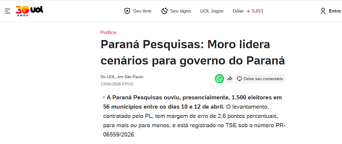 UOL Notícias cita pesquisa realizada para Paraná Pesquisas no Estado do Paraná.