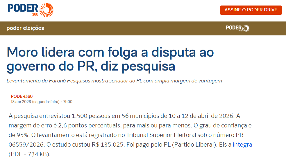 Poder 360 cita pesquisa realizada para Paraná Pesquisas no Estado do Paraná. 2 Poder 360 cita pesquisa realizada para Paraná Pesquisas no Estado do Paraná.