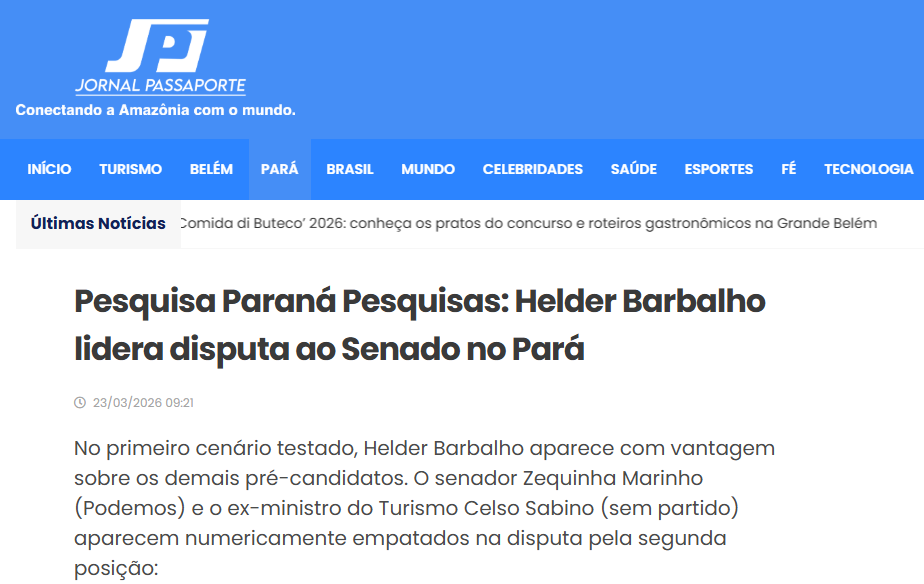 Jornal Passaporte cita pesquisa realizada pela Paraná Pesquisas no Estado do Pará.