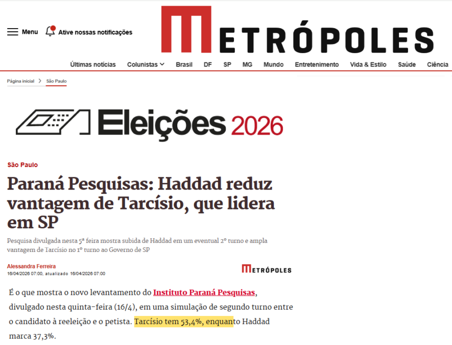 Metrópoles cita pesquisa realizada para Paraná Pesquisas no Estado de São Paulo. 2 Metrópoles cita pesquisa realizada para Paraná Pesquisas no Estado de São Paulo.