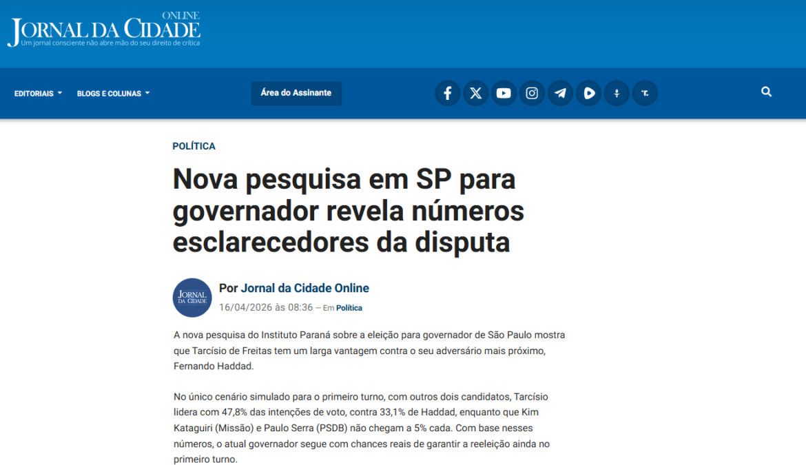 Jornal Cidade cita pesquisa realizada para Paraná Pesquisas no Estado de São Paulo. 2 Jornal Cidade cita pesquisa realizada para Paraná Pesquisas no Estado de São Paulo.