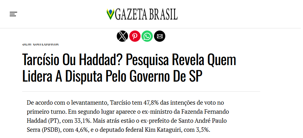 Gazeta Brasil cita pesquisa realizada para Paraná Pesquisas no Estado de São Paulo. 2 Gazeta Brasil cita pesquisa realizada para Paraná Pesquisas no Estado de São Paulo.