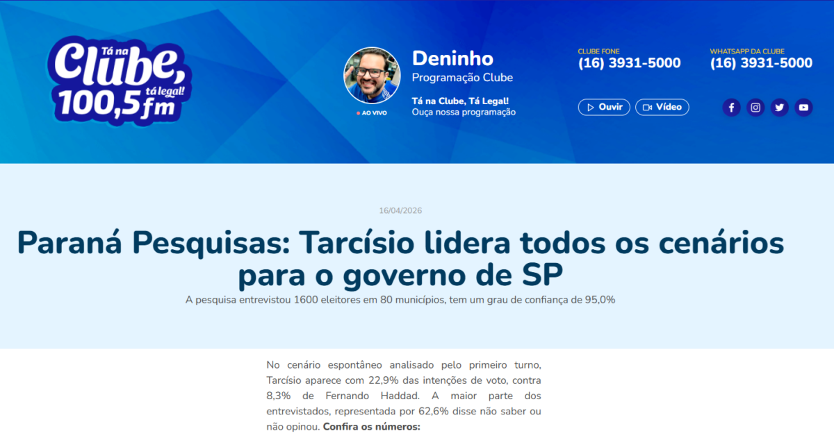 Clube FM cita pesquisa realizada para Paraná Pesquisas no Estado de São Paulo. 2 Clube FM cita pesquisa realizada para Paraná Pesquisas no Estado de São Paulo.