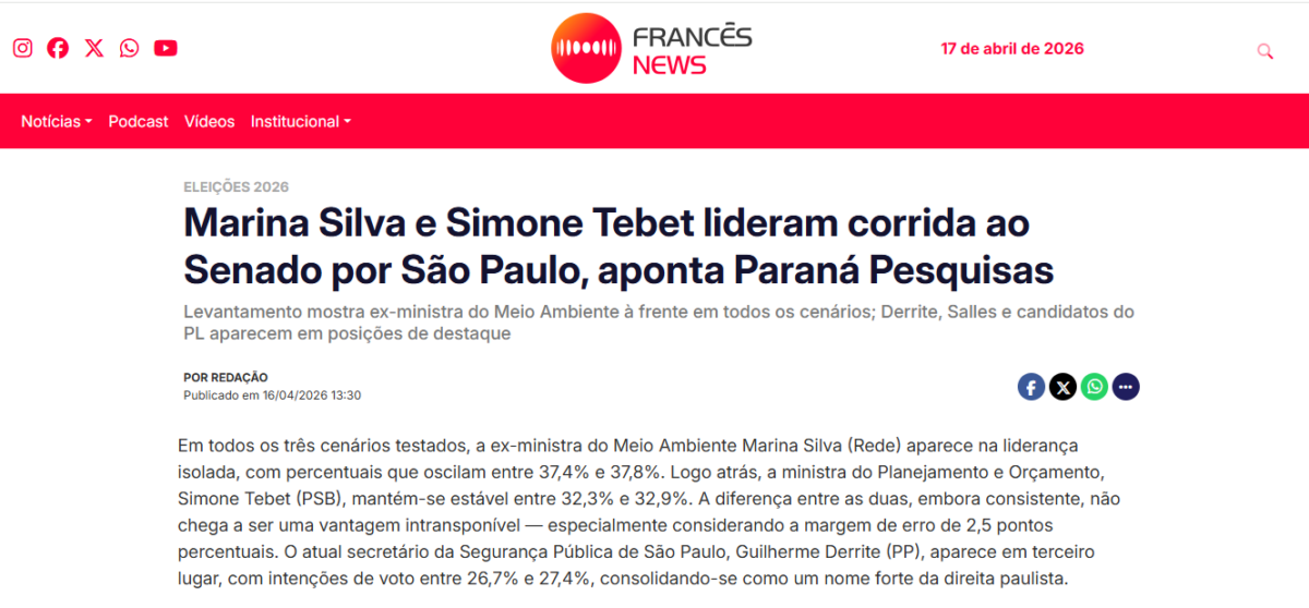 Francês News cita pesquisa realizada para Paraná Pesquisas no Estado de São Paulo.