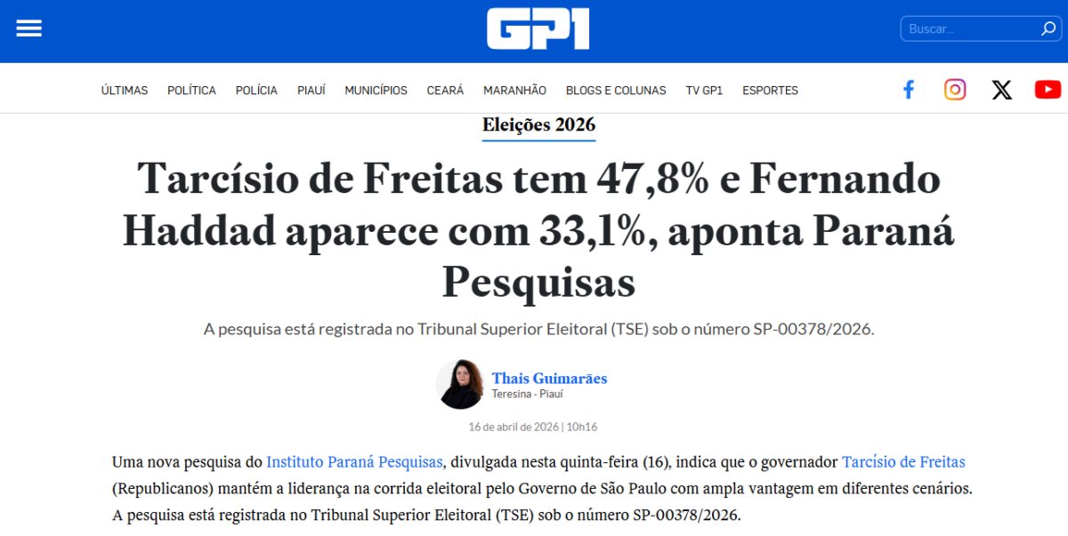 GP1 cita pesquisa realizada para Paraná Pesquisas no Estado de São Paulo. 2 GP1 cita pesquisa realizada para Paraná Pesquisas no Estado de São Paulo.