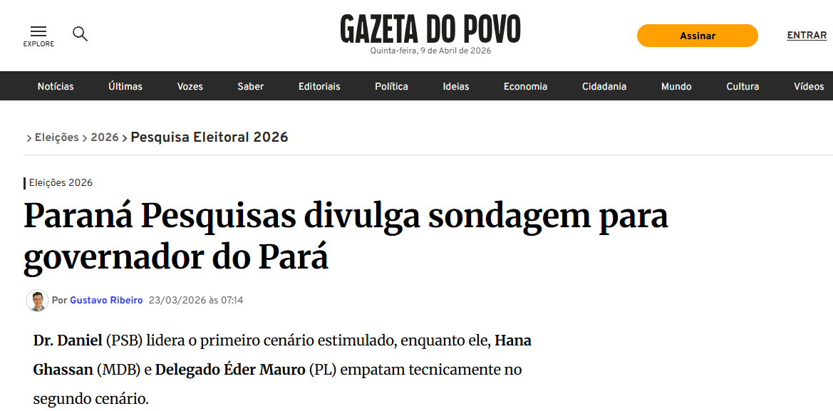 Gazeta do Povo cita pesquisa realizada pela Paraná Pesquisas no Estado do Pará.