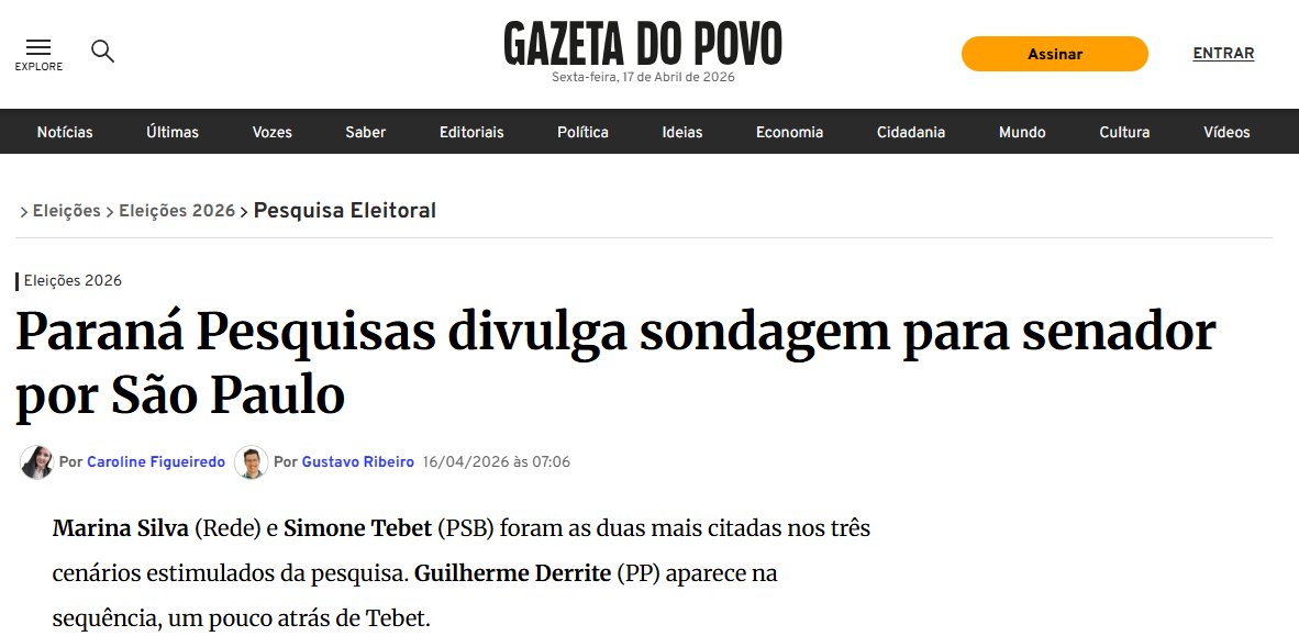 Gazeta do Povo cita pesquisa realizada para Paraná Pesquisas no Estado de São Paulo. 2 Gazeta do Povo cita pesquisa realizada para Paraná Pesquisas no Estado de São Paulo.
