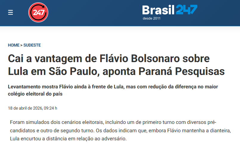 Brasil 247 cita pesquisa realizada para Paraná Pesquisas no Estado de São Paulo.