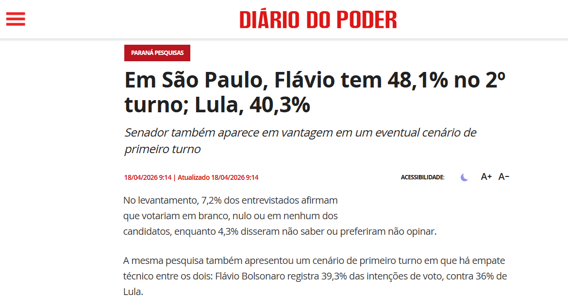 Diário do Poder cita pesquisa realizada para Paraná Pesquisas no Estado de São Paulo. 2 Diário do Poder cita pesquisa realizada para Paraná Pesquisas no Estado de São Paulo.