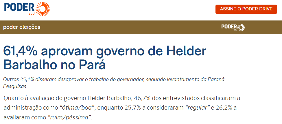 Poder 360 cita pesquisa realizada pela Paraná Pesquisas no Estado do Pará. 2 Poder 360 cita pesquisa realizada pela Paraná Pesquisas no Estado do Pará.