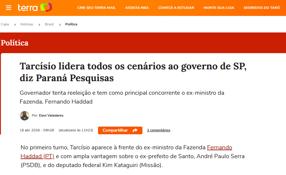 Portal Terra cita pesquisa realizada para Paraná Pesquisas no Estado de São Paulo. 2 Portal Terra cita pesquisa realizada para Paraná Pesquisas no Estado de São Paulo.