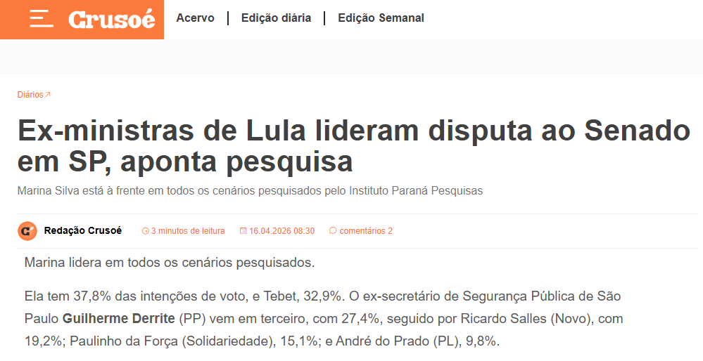 Crusoé cita pesquisa realizada para Paraná Pesquisas no Estado de São Paulo. 2 Crusoé cita pesquisa realizada para Paraná Pesquisas no Estado de São Paulo.