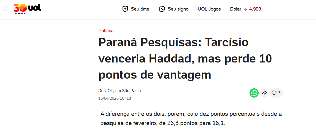 UOL Notícias cita pesquisa realizada para Paraná Pesquisas no Estado de São Paulo.