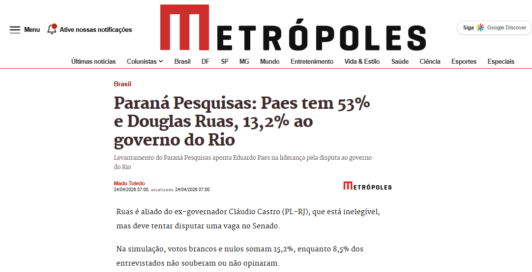 Metrópoles cita pesquisa realizada para Paraná Pesquisas no Estado do Rio de Janeiro.