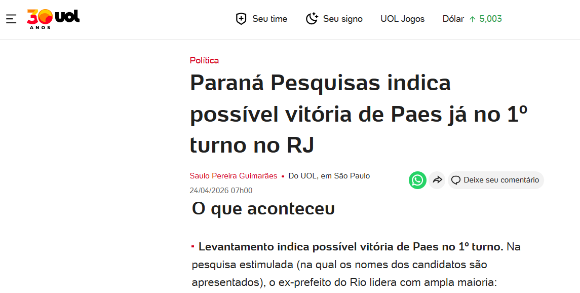 UOL Notícias cita pesquisa realizada para Paraná Pesquisas no Estado do Rio de Janeiro. 2 UOL Notícias cita pesquisa realizada para Paraná Pesquisas no Estado do Rio de Janeiro.