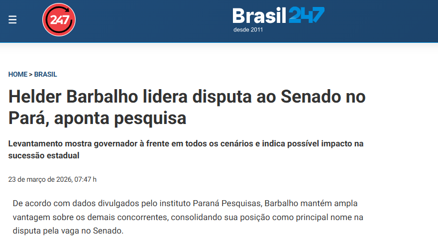 Brasil 247 cita pesquisa realizada pela Paraná Pesquisas no Estado do Pará.