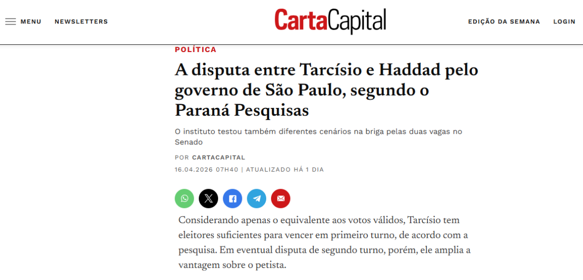 Carta Capital cita pesquisa realizada para Paraná Pesquisas no Estado de São Paulo.
