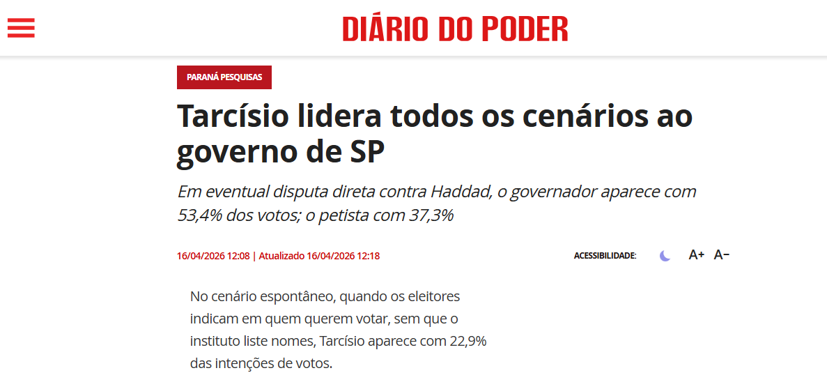 Diário do Poder cita pesquisa realizada para Paraná Pesquisas no Estado de São Paulo. 2 Diário do Poder cita pesquisa realizada para Paraná Pesquisas no Estado de São Paulo.
