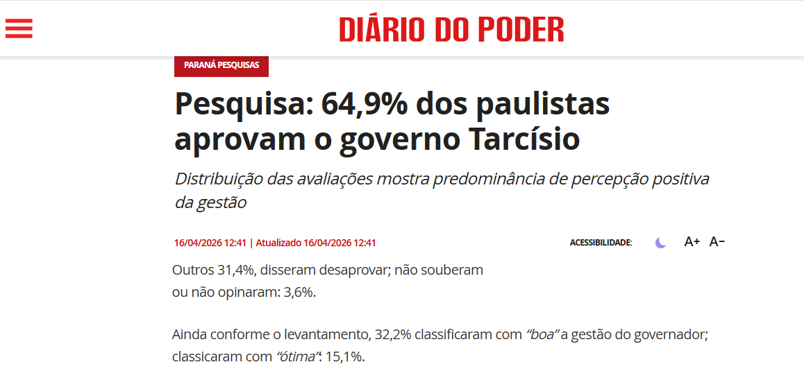 Diário do Poder cita pesquisa realizada para Paraná Pesquisas no Estado de São Paulo. 2 Diário do Poder cita pesquisa realizada para Paraná Pesquisas no Estado de São Paulo.