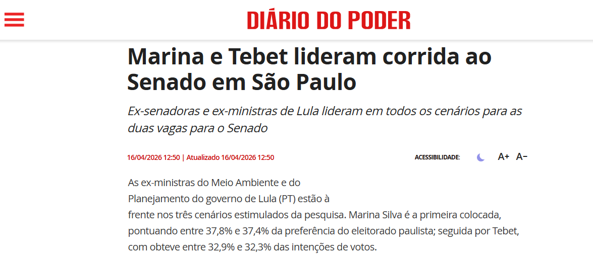 Diário do Poder cita pesquisa realizada para Paraná Pesquisas no Estado de São Paulo.