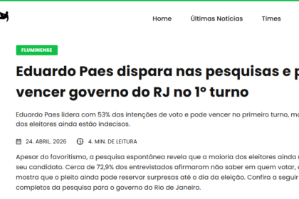 Futebol na Web cita pesquisa realizada para Paraná Pesquisas no Estado do Rio de Janeiro.