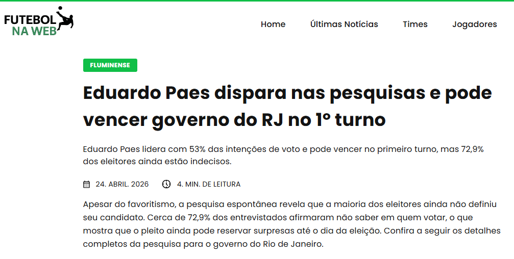 Futebol na Web cita pesquisa realizada para Paraná Pesquisas no Estado do Rio de Janeiro. 2 Futebol na Web cita pesquisa realizada para Paraná Pesquisas no Estado do Rio de Janeiro.
