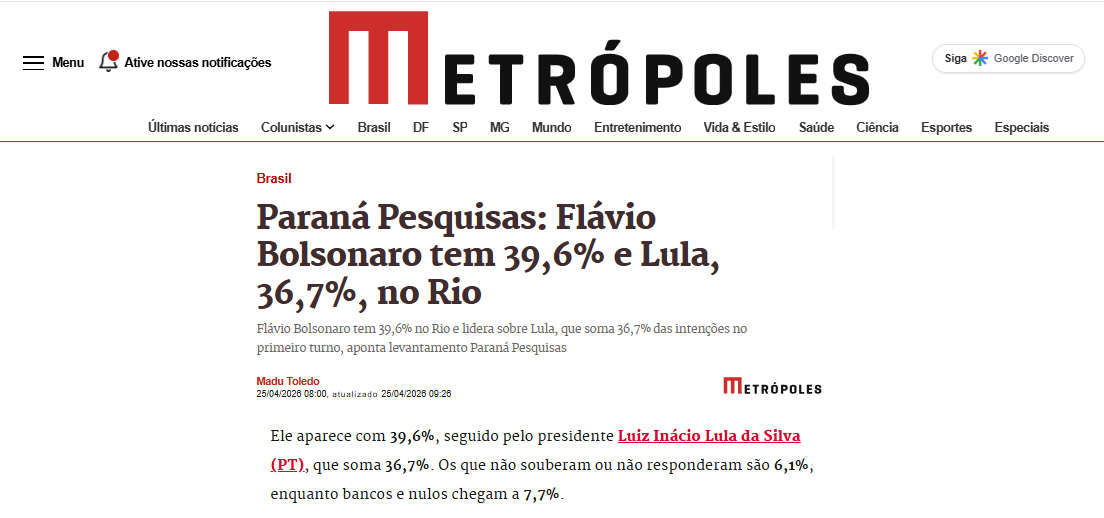Metópoles cita pesquisa realizada para Paraná Pesquisas no Estado do Rio de Janeiro.