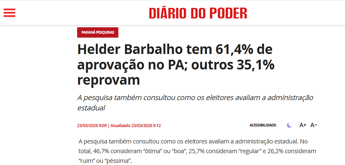 Diário do Poder cita pesquisa realizada pela Paraná Pesquisas no Estado do Pará. 2 Diário do Poder cita pesquisa realizada pela Paraná Pesquisas no Estado do Pará.