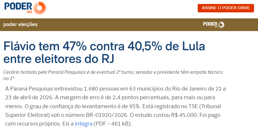 Poder 360 cita pesquisa realizada para Paraná Pesquisas no Estado do Rio de Janeiro.