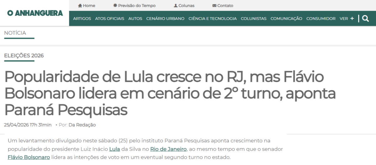O Anhanguera cita pesquisa realizada para Paraná Pesquisas no Estado do Rio de Janeiro.