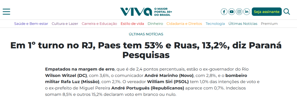 Viva cita pesquisa realizada para Paraná Pesquisas no Estado do Rio de Janeiro.