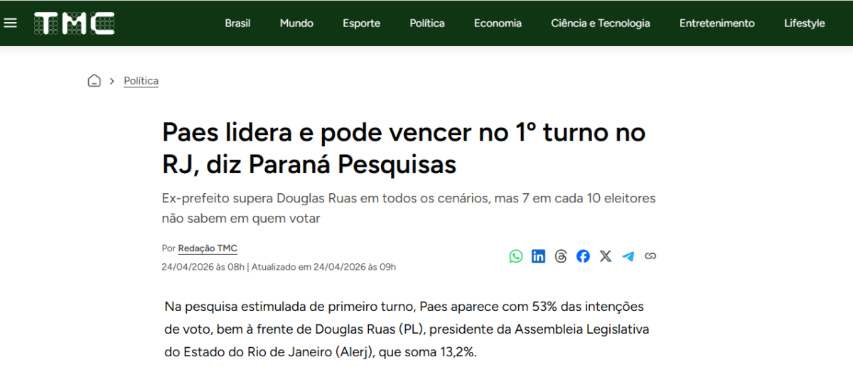TCM cita pesquisa realizada para Paraná Pesquisas no Estado do Rio de Janeiro. 2 TCM cita pesquisa realizada para Paraná Pesquisas no Estado do Rio de Janeiro.