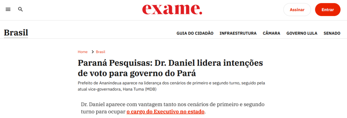 Exame cita pesquisa realizada pela Paraná Pesquisas no Estado do Pará.
