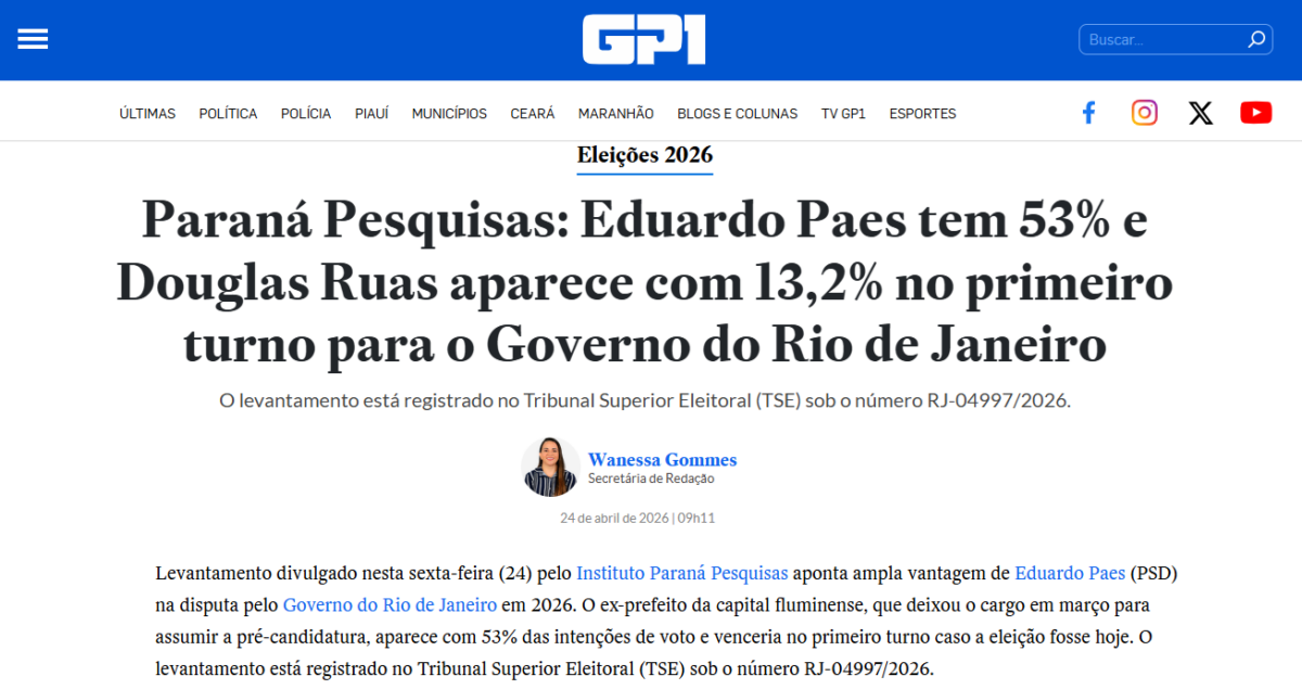 GP1 cita pesquisa realizada para Paraná Pesquisas no Estado do Rio de Janeiro. 2 GP1 cita pesquisa realizada para Paraná Pesquisas no Estado do Rio de Janeiro.