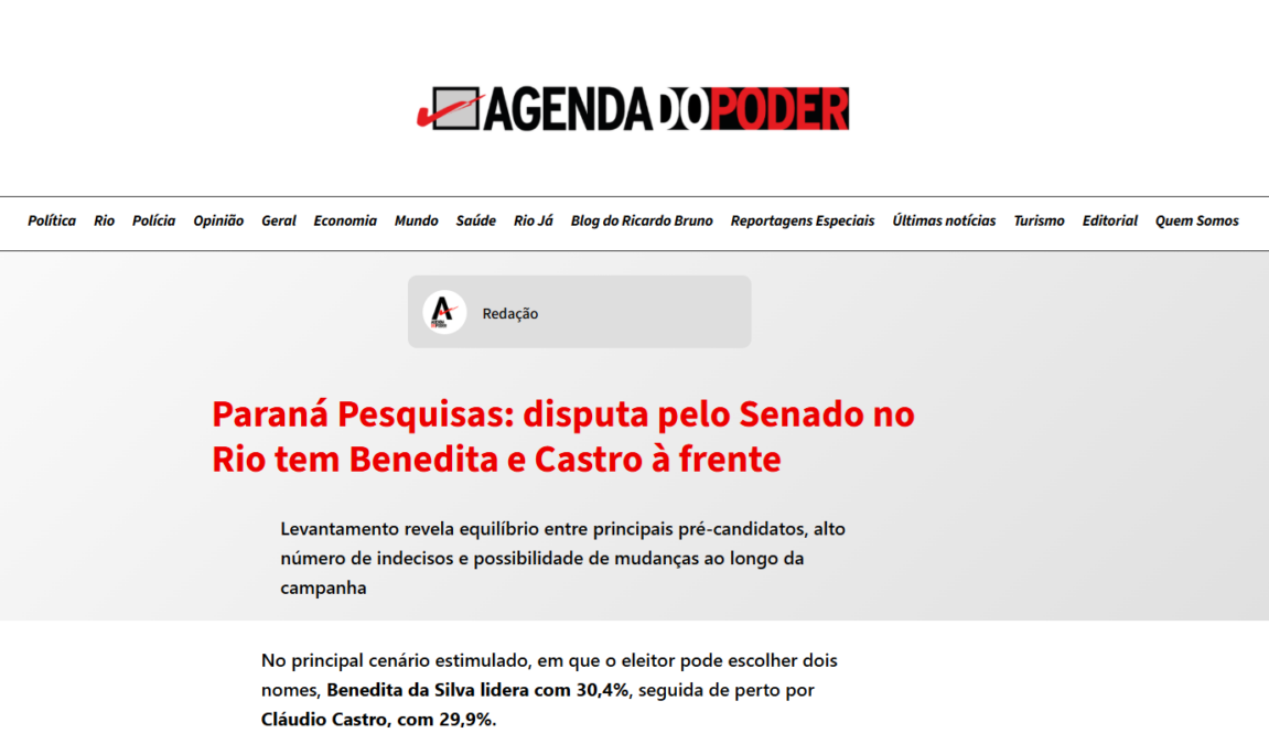 Agenda do Poder cita pesquisa realizada para Paraná Pesquisas no Estado do Rio de Janeiro. 2 Agenda do Poder cita pesquisa realizada para Paraná Pesquisas no Estado do Rio de Janeiro.