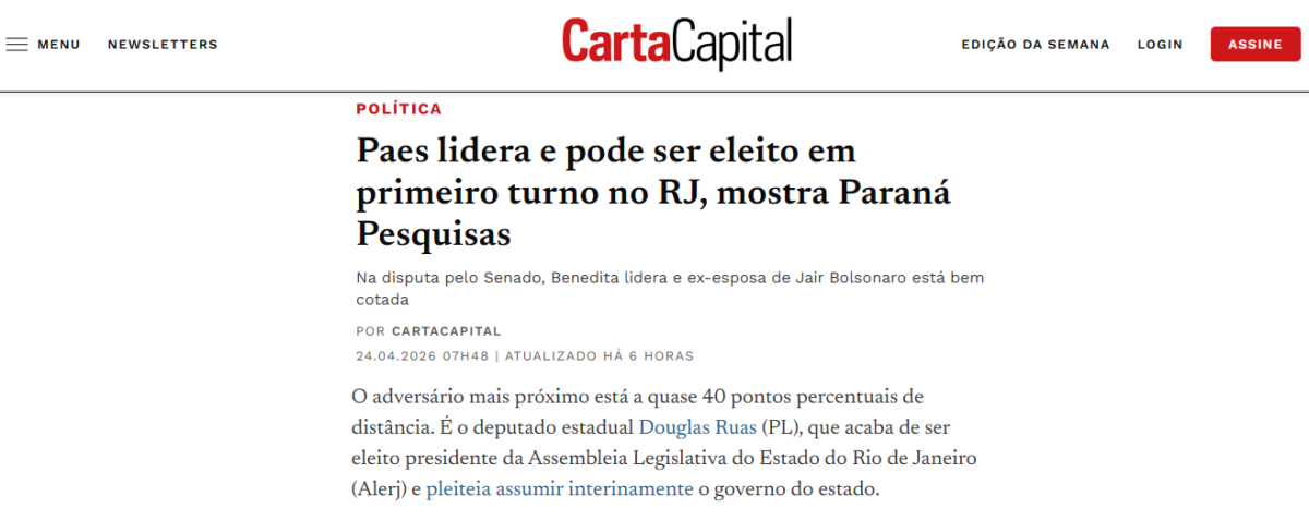 Carta Capital cita pesquisa realizada para Paraná Pesquisas no Estado do Rio de Janeiro. 2 Carta Capital cita pesquisa realizada para Paraná Pesquisas no Estado do Rio de Janeiro.