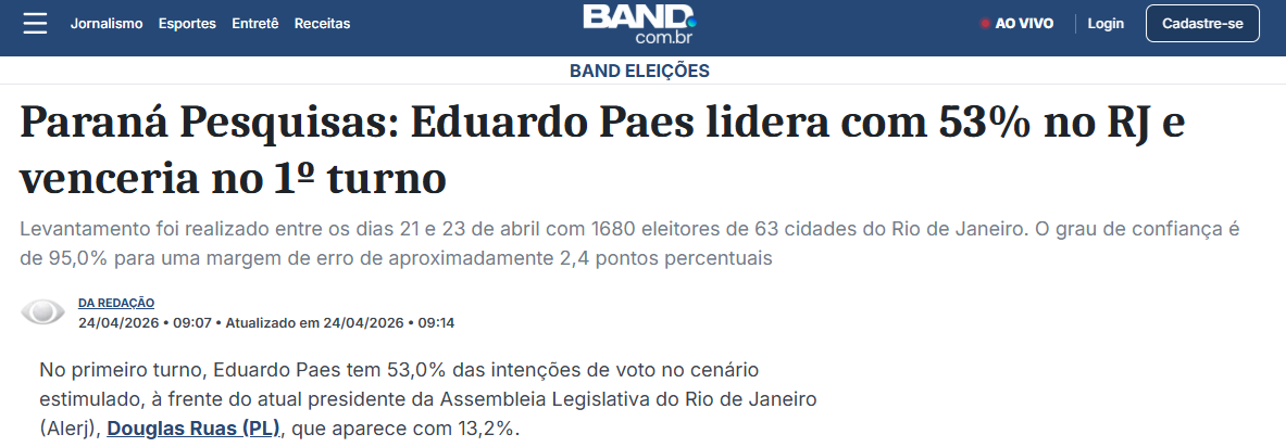 Band cita pesquisa realizada para Paraná Pesquisas no Estado do Rio de Janeiro. 2 Band cita pesquisa realizada para Paraná Pesquisas no Estado do Rio de Janeiro.