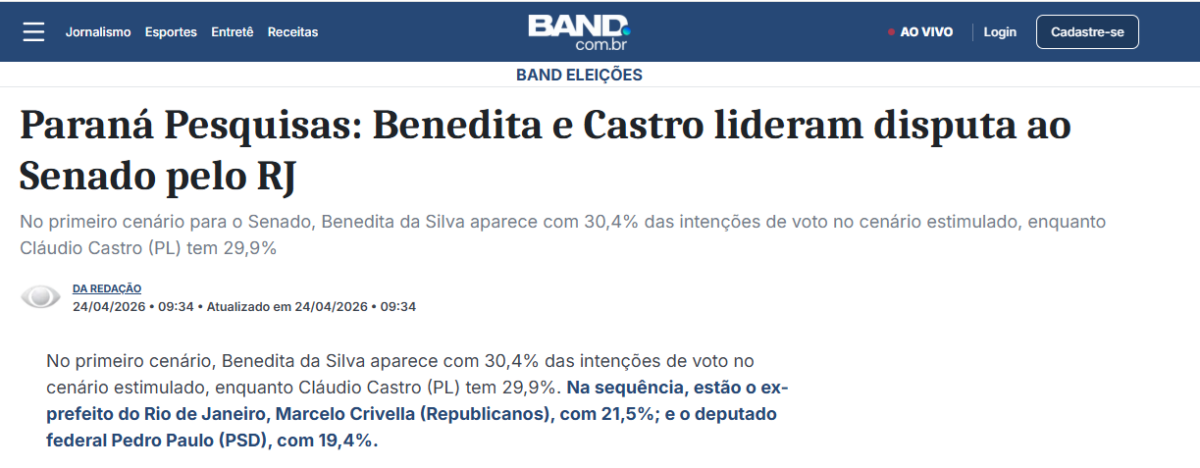 Band cita pesquisa realizada para Paraná Pesquisas no Estado do Rio de Janeiro. 2 Band cita pesquisa realizada para Paraná Pesquisas no Estado do Rio de Janeiro.
