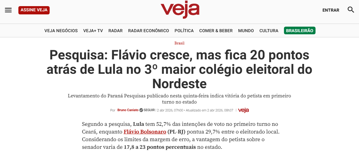 Veja cita pesquisa realizada pela Paraná Pesquisas no Estado do Ceará.