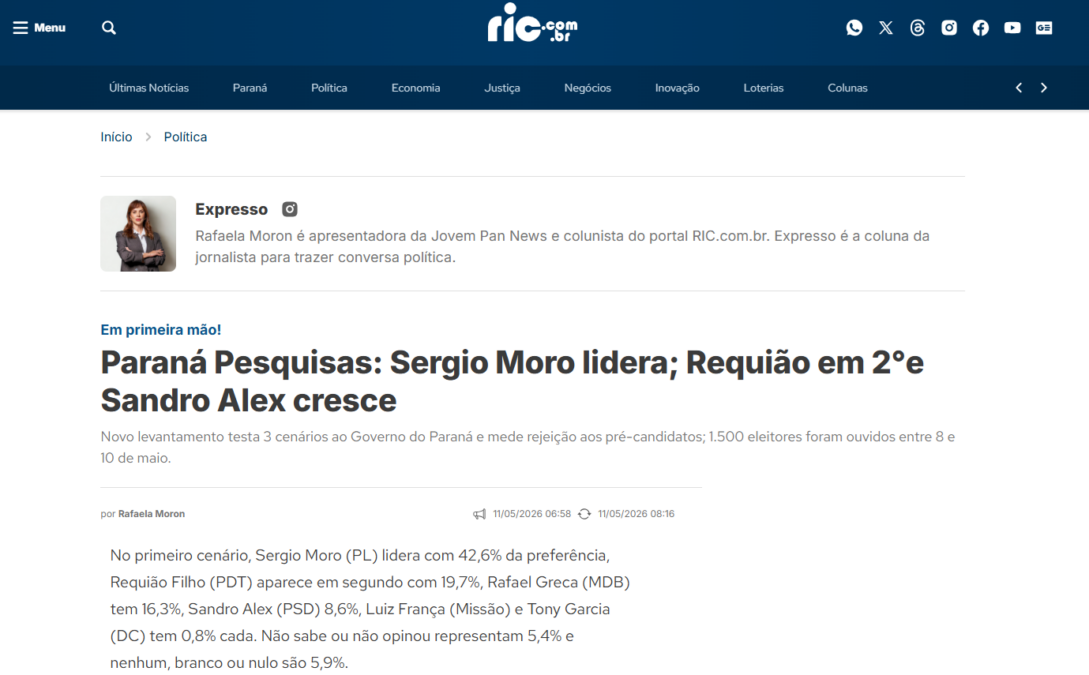 Ric cita pesquisa realizada para Paraná Pesquisas no Estado do Paraná. 2 Ric cita pesquisa realizada para Paraná Pesquisas no Estado do Paraná.