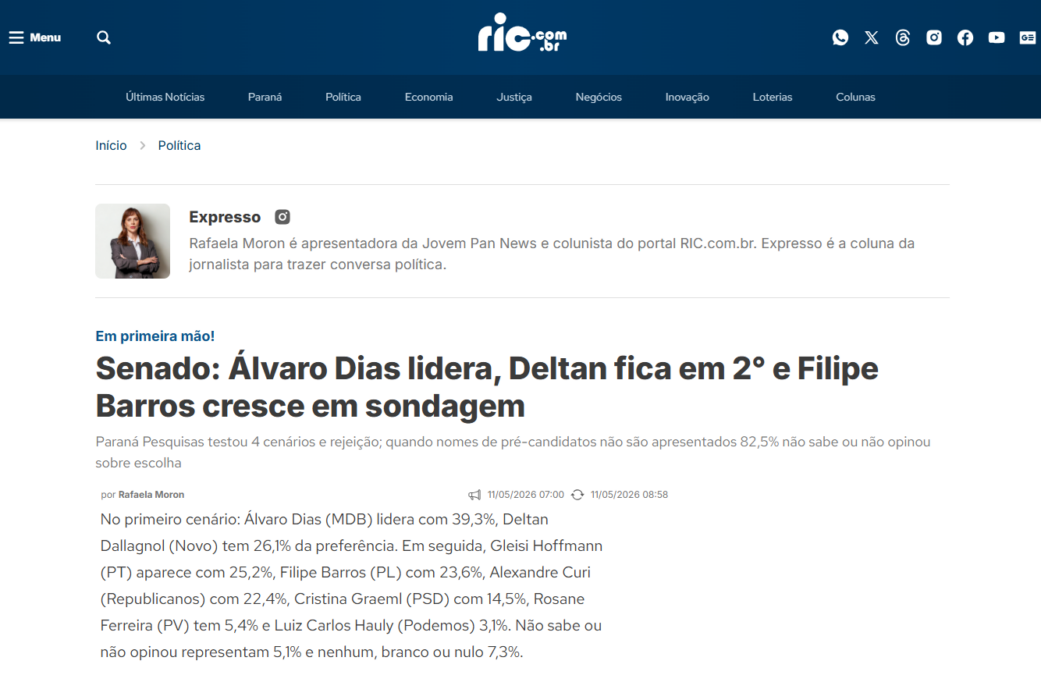 Ric cita pesquisa realizada para Paraná Pesquisas no Estado do Paraná. 2 Ric cita pesquisa realizada para Paraná Pesquisas no Estado do Paraná.