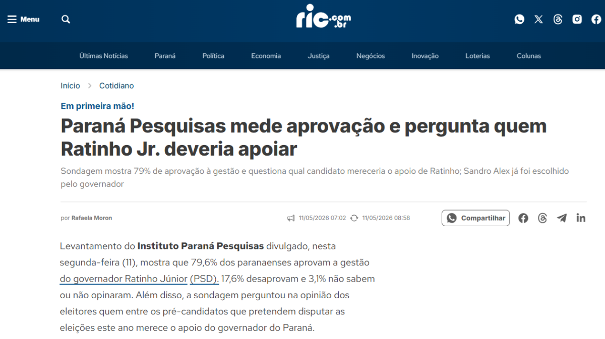 Ric cita pesquisa realizada para Paraná Pesquisas no Estado do Paraná.
