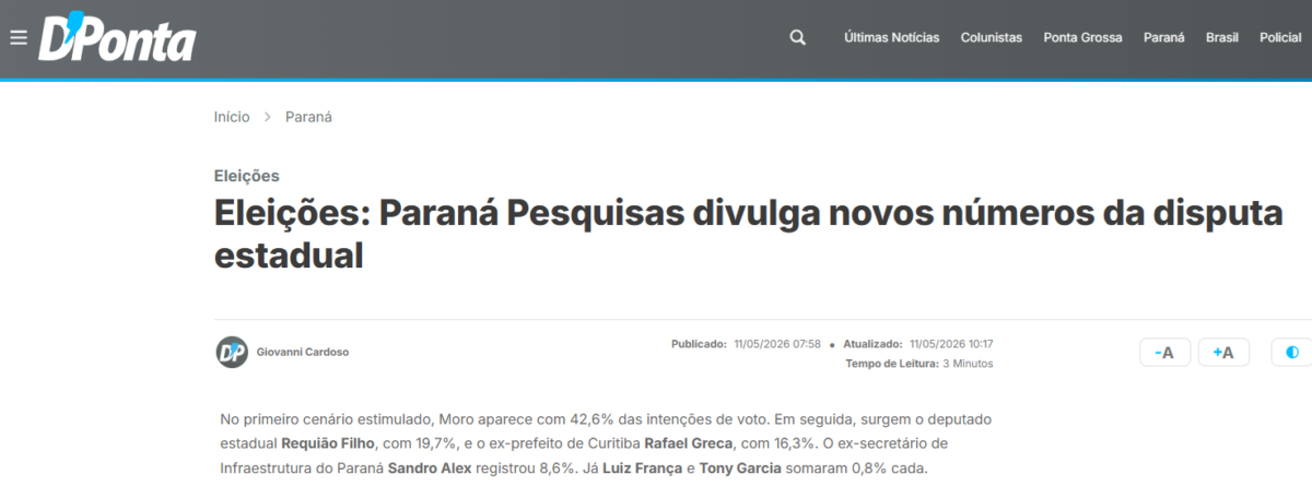 D'Ponta cita pesquisa realizada para Paraná Pesquisas no Estado do Paraná.