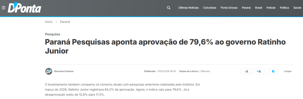 D'Ponta cita pesquisa realizada para Paraná Pesquisas no Estado do Paraná. 2 D'Ponta cita pesquisa realizada para Paraná Pesquisas no Estado do Paraná.