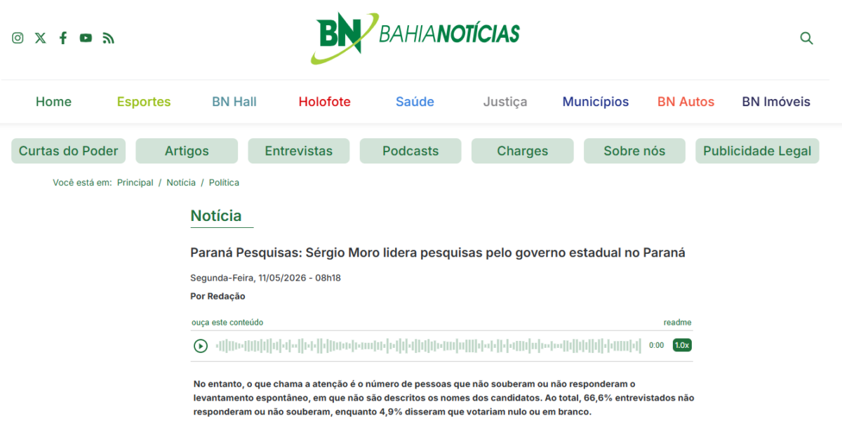 Bahia Notícias cita pesquisa realizada para Paraná Pesquisas no Estado do Paraná.