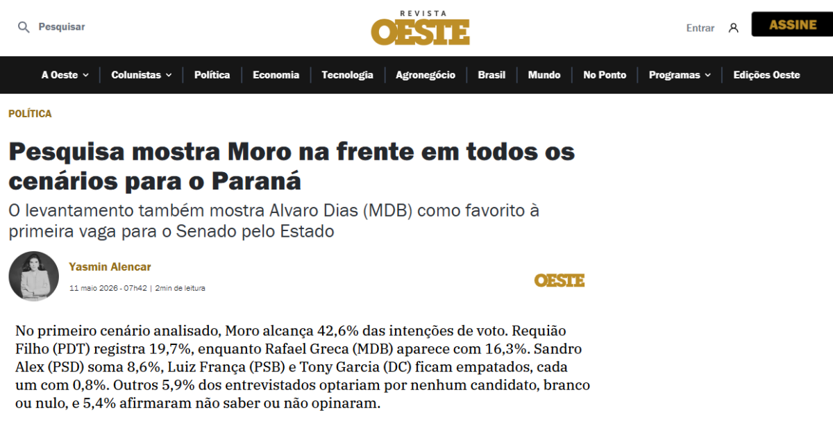 Revista Oeste cita pesquisa realizada para Paraná Pesquisas no Estado do Paraná. 2 Revista Oeste cita pesquisa realizada para Paraná Pesquisas no Estado do Paraná.