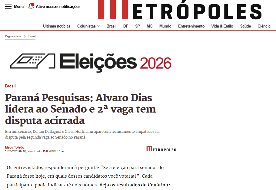 Metrópoles cita pesquisa realizada para Paraná Pesquisas no Estado do Paraná. 2 Metrópoles cita pesquisa realizada para Paraná Pesquisas no Estado do Paraná.