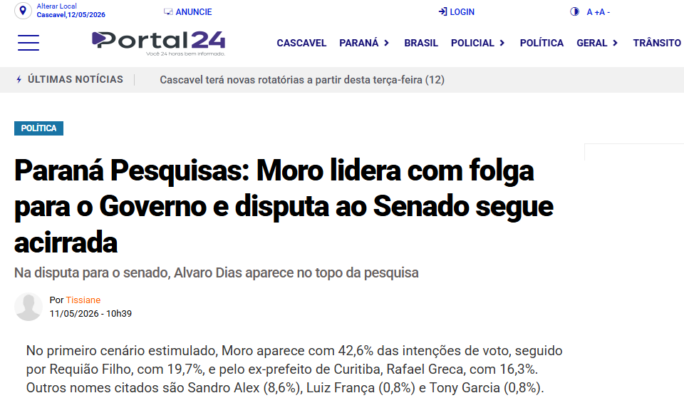 Portal 24 cita pesquisa realizada para Paraná Pesquisas no Estado do Paraná. 2 Portal 24 cita pesquisa realizada para Paraná Pesquisas no Estado do Paraná.
